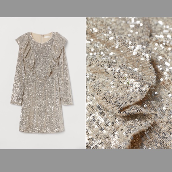 H&M festive cream flounce-trimmed sequined long sleeve mini dress NWT - Picture 10 of 10